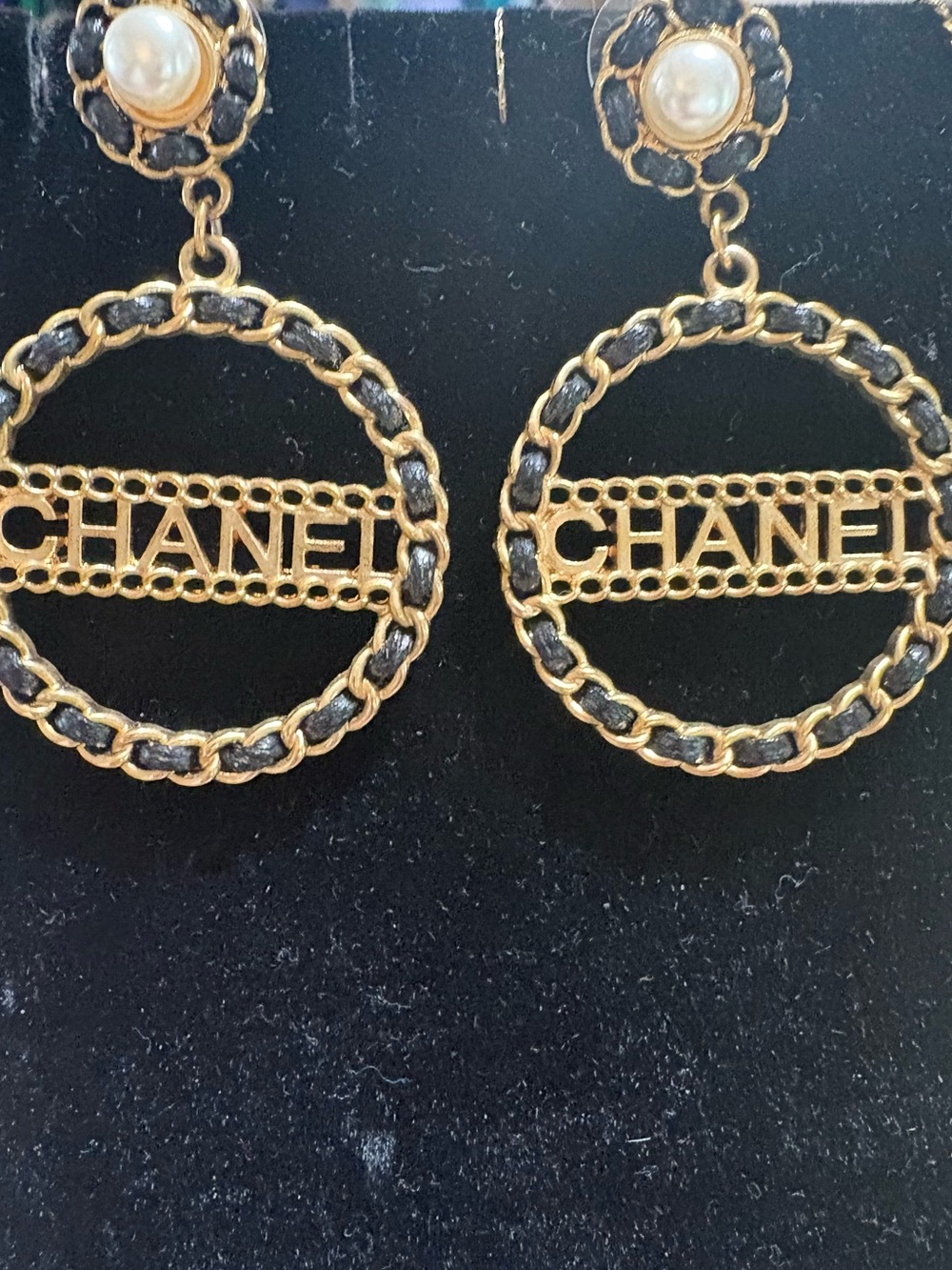 CHANEL Gold and Black Logo Drop Earrings with Pearl Studs